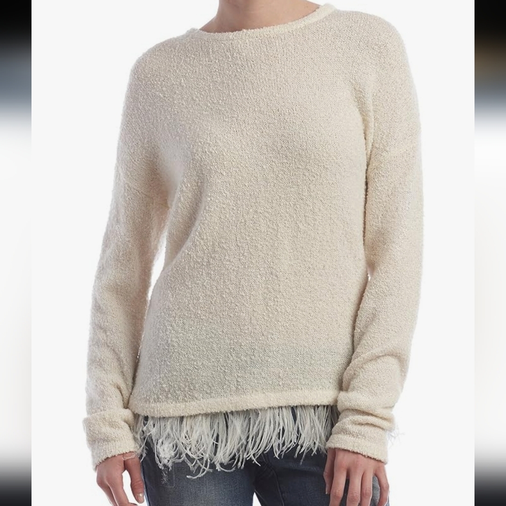 Kinsie Boucle Pullover Fringe Feather Top Sweater Women's sz L Shirt